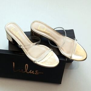Lulus Savina Clear Double Strap Gold Sandals with Block Heel NIB. Size 7 or 8